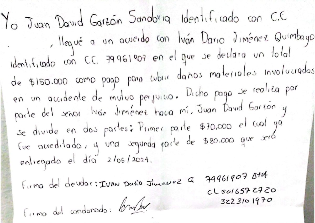 GamerDavid_15's tweet photo. Queda constancia de que él acordó pagar porque asumió la culpa en el momento (El papel lo redacté a mi puño y letra pero igual el señor firmó) https://t.co/AYMqVZxJ9w