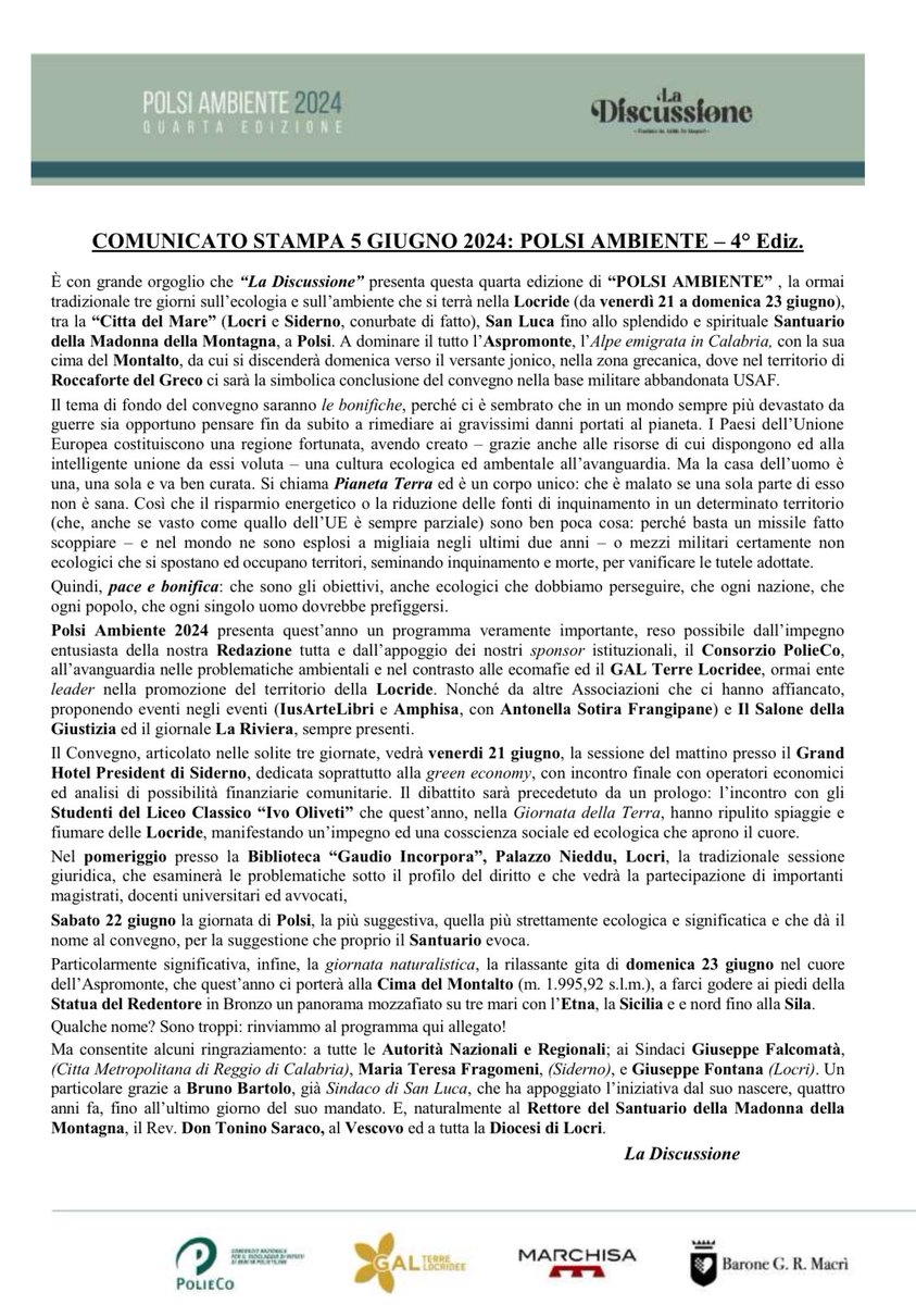 MarvasiT's tweet image. Si avvicina #PolsiAmbiente, 4ª ed., #Locride 21-23 giugno.
Tre giornate per parlare di #Ambiente.
Normalmente!
In #Calabria, a #Locri, a #Siderno, a #Polsi, in #Aspromonte
@laDiscussioneQ 
@CMReggioCal @Citta_di_Locri
 @LaCCanale19 @elletv2013 @TgrRaiCalabria @LiveCalabria