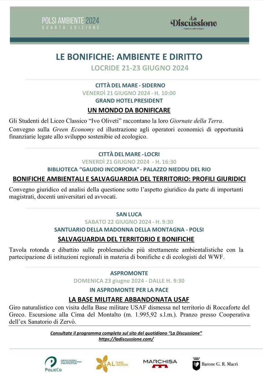 MarvasiT's tweet image. Si avvicina #PolsiAmbiente, 4ª ed., #Locride 21-23 giugno.
Tre giornate per parlare di #Ambiente.
Normalmente!
In #Calabria, a #Locri, a #Siderno, a #Polsi, in #Aspromonte
@laDiscussioneQ 
@CMReggioCal @Citta_di_Locri
 @LaCCanale19 @elletv2013 @TgrRaiCalabria @LiveCalabria