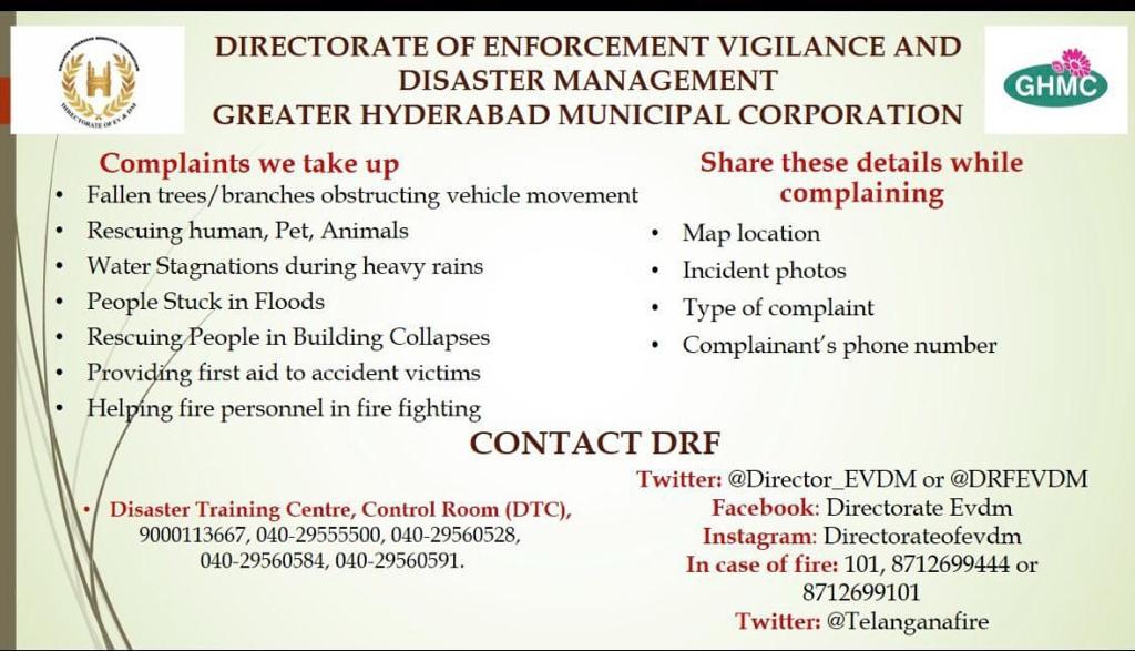 Comm_HYDRAA's tweet photo. Heavy rain is expected today evening 5pm onwards till midnight over many parts of Hyderabad city.Citizens may plan their travel accordingly.Citizens may dial 040-21111111 or 9000113667 for GHMC-DRF assistance. https://t.co/9chO35RJYA