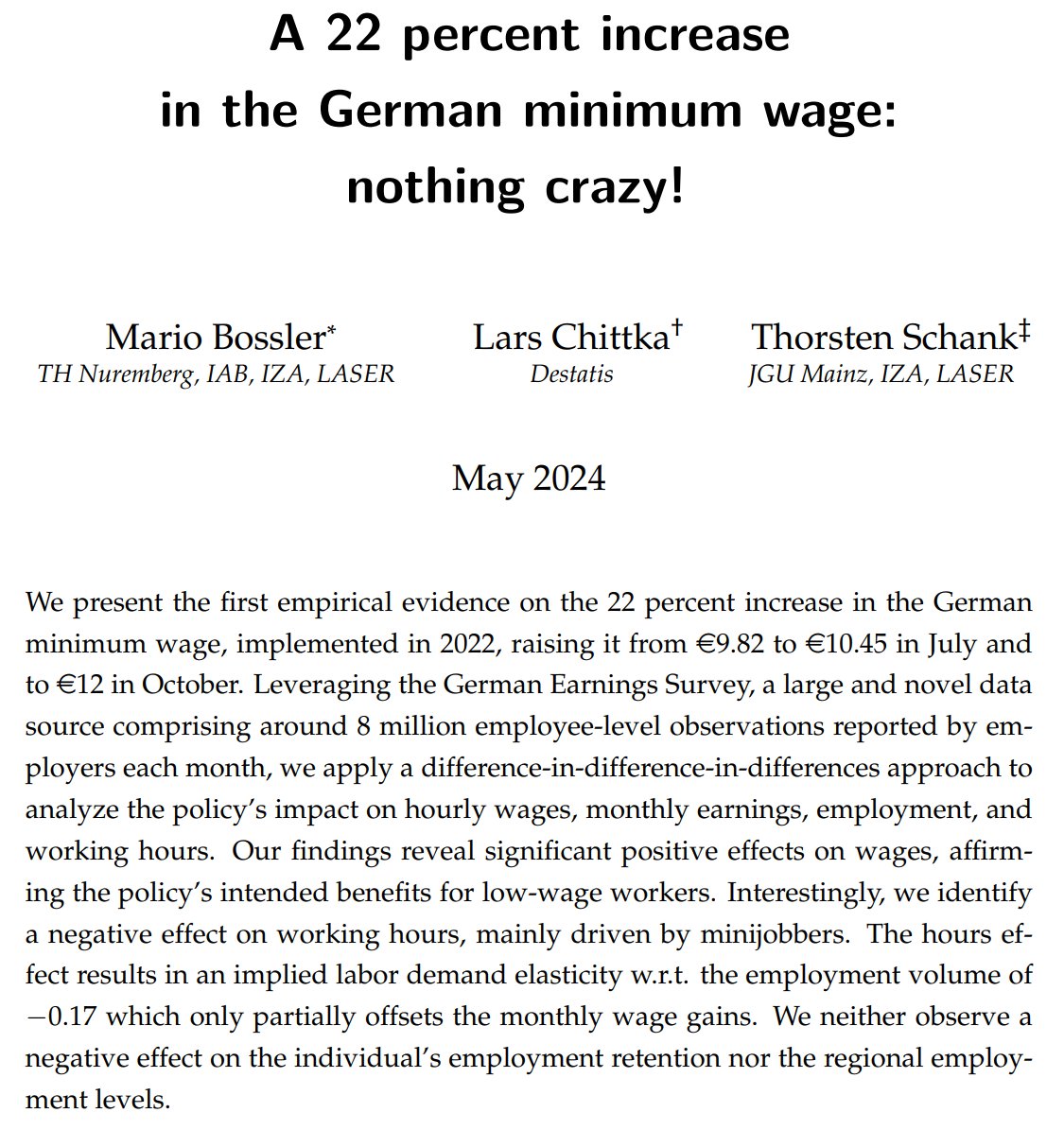 jdcmedlock's tweet photo. In 2022, Germany raised their minimum wage by 22%, the highest in the EU. The result?

Significantly higher wages, no significant impact on layoffs/job retention, no decrease in overall employment levels, and only a modest decrease in hours that doesn't offset the higher wages. https://t.co/mlczS79eXX