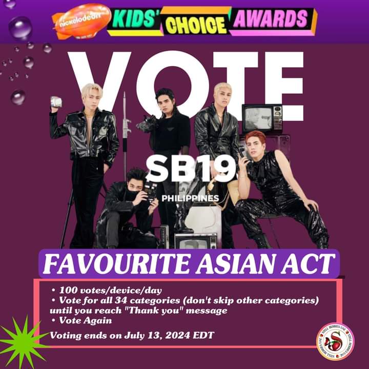 CaviteKaps's tweet photo. SB19 has been nominated for the Nickelodeon Kids' Choice Awards 2024 in the category of Favorite Asian Act!!

A'TIN, lets have our full support to our MAHALIMA!!

Your support means everything. 
To vote for them, visit https://t.co/QH42lWrrol now! 
#SB19 #KCA @Nick_Asia https://t.co/4IXiYYEaUS