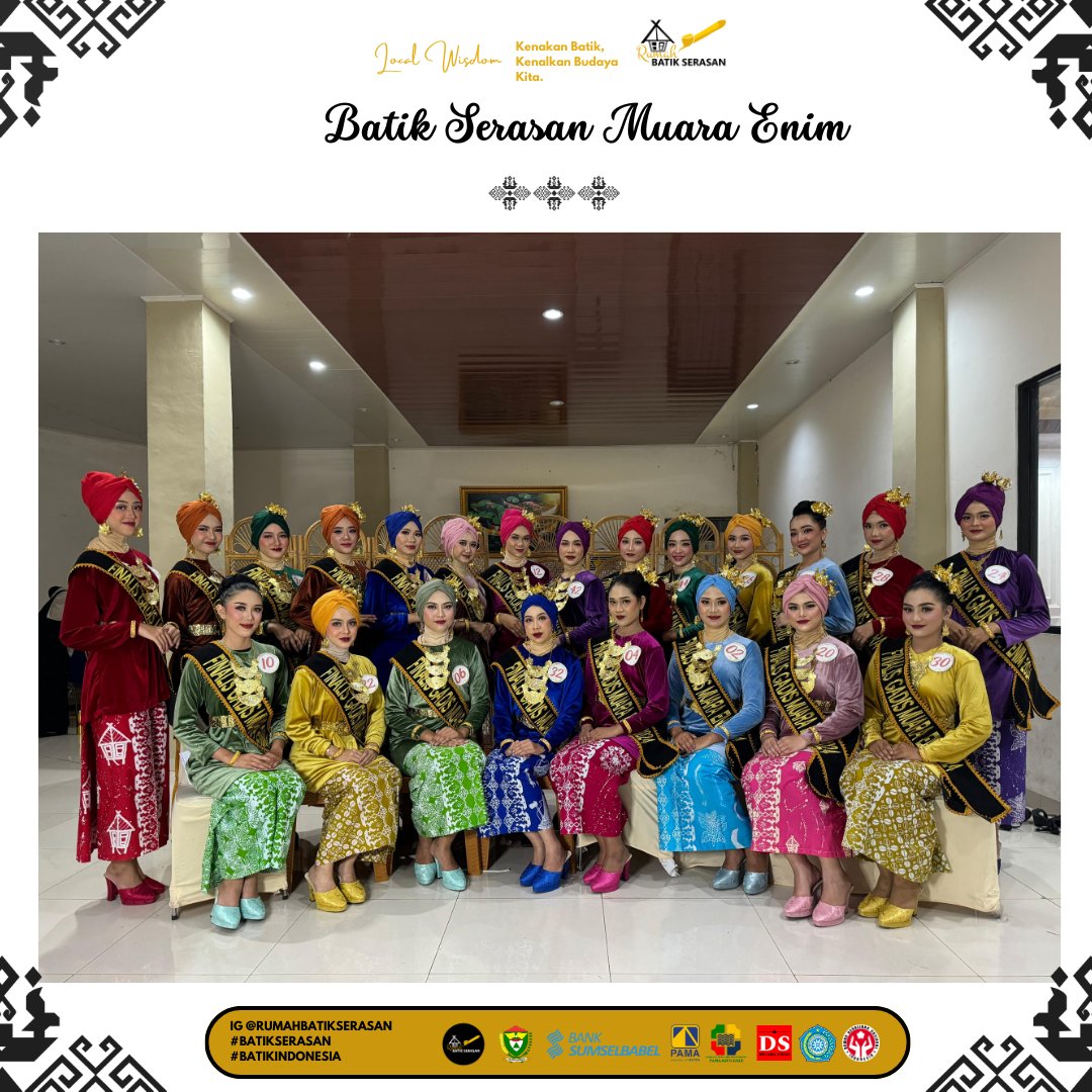 BatikSerasan's tweet photo. 22 Finalis Bujang Gadis Muara Enim 2024 pada Grand Final Pemilihan Bujang Gadis Muara Enim 2024 yang di adakan di @evimedaria_gballroom 
Terimakasih @disparekraf.me @bgs_muaraenim telah berkenan menggunakan Batik Serasan Muara Enim https://t.co/1vIpEvFYGf
