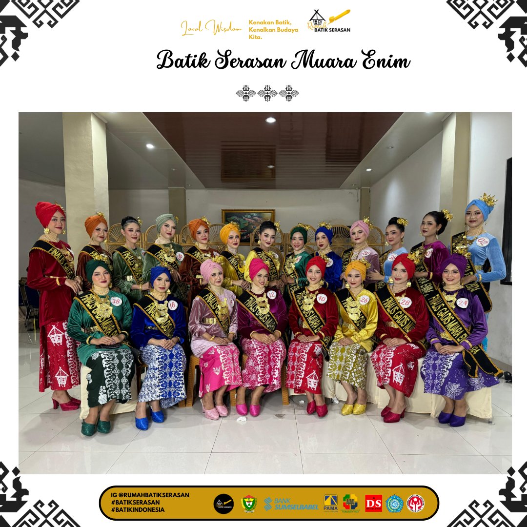 BatikSerasan's tweet photo. 22 Finalis Bujang Gadis Muara Enim 2024 pada Grand Final Pemilihan Bujang Gadis Muara Enim 2024 yang di adakan di @evimedaria_gballroom 
Terimakasih @disparekraf.me @bgs_muaraenim telah berkenan menggunakan Batik Serasan Muara Enim https://t.co/1vIpEvFYGf