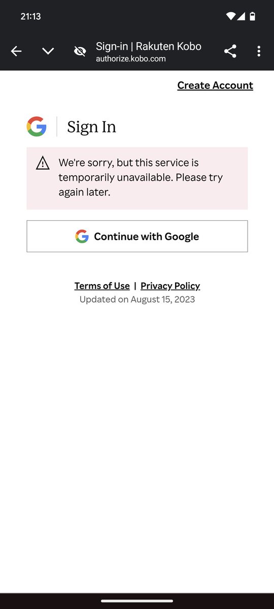 floatingtincan's tweet photo. @kobo your login service isn't working?!? https://t.co/sVtdTAHDG2