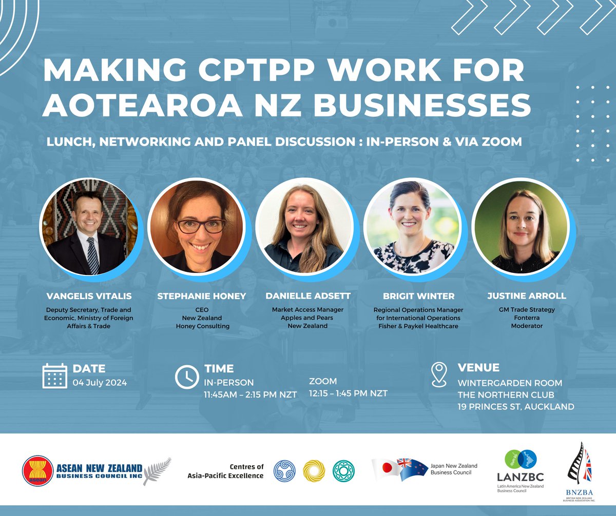 LANZBC (@lanzbc) on Twitter photo 'Making CPTPP work for Aotearoa NZ Businesses'
Join us on 4 July from 11:45am at the Northern Club in Auckland, to hear from experts how the CPTPP can work to suit NZ businesses. Fantastic line up!
To register: asean.org.nz/events
<a href="/VangelisVNZ/">Vangelis Vitalis</a> <a href="/nzasean/">ASEAN New Zealand Business Council (ANZBC)</a> <a href="/Fonterra/">Fonterra</a> <a href="/fphcare/">Fisher & Paykel Healthcare</a> 'Making CPTPP work for Aotearoa NZ Businesses'
Join us on 4 July from 11:45am at the Northern Club in Auckland, to hear from experts how the CPTPP can work to suit NZ businesses. Fantastic line up!
To register: asean.org.nz/events
<a href="/VangelisVNZ/">Vangelis Vitalis</a> <a href="/nzasean/">ASEAN New Zealand Business Council (ANZBC)</a> <a href="/Fonterra/">Fonterra</a> <a href="/fphcare/">Fisher & Paykel Healthcare</a>