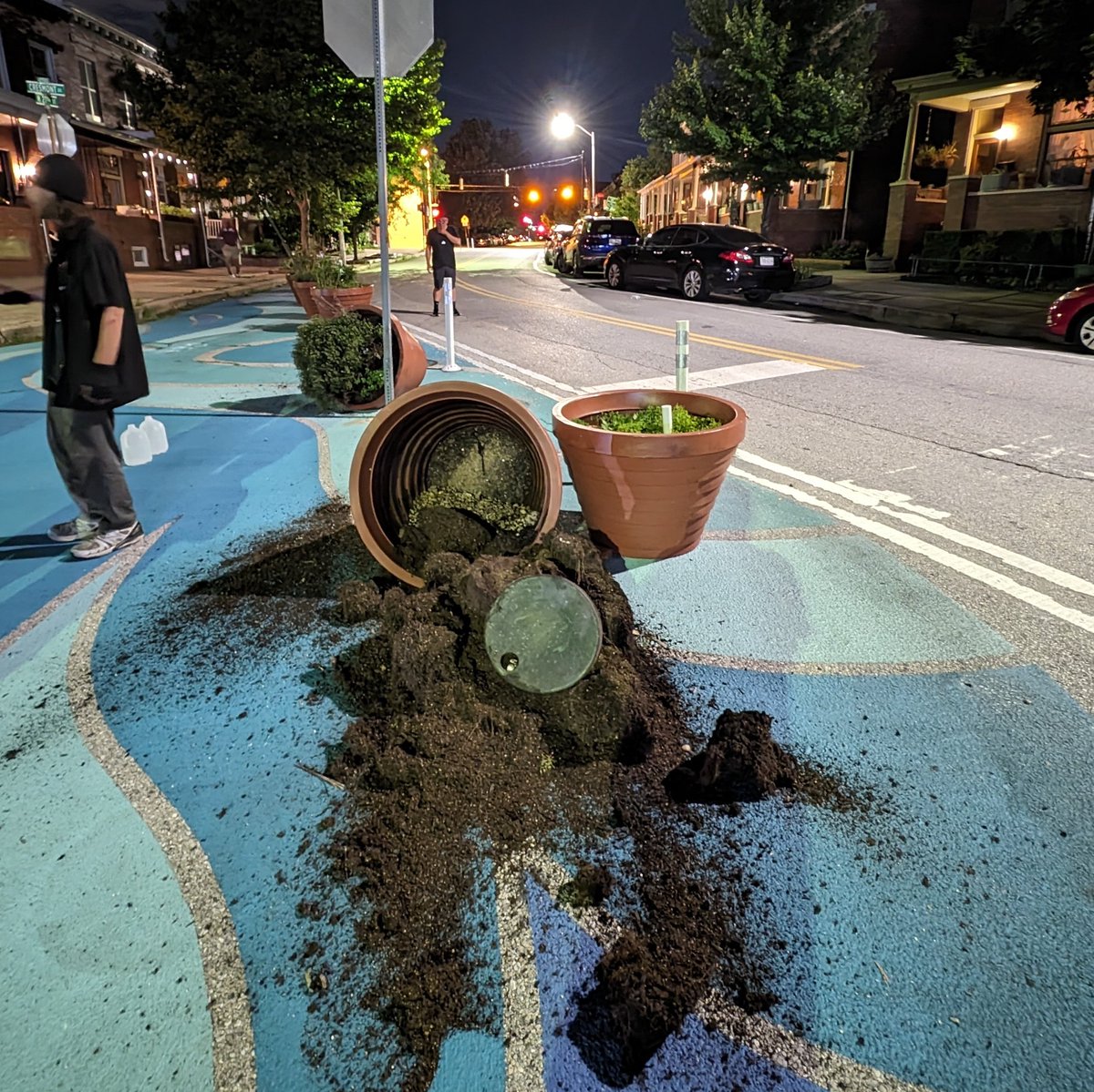 jedweeks's tweet photo. Tonight a drunk-presenting, texting driver crashed into the traffic calming planters near my home as I was crossing the street with my neighbor. 

Had they not been there, had she not hit them and instinctively swerved, it would have been both of us under her car. https://t.co/O4MRfenEd3