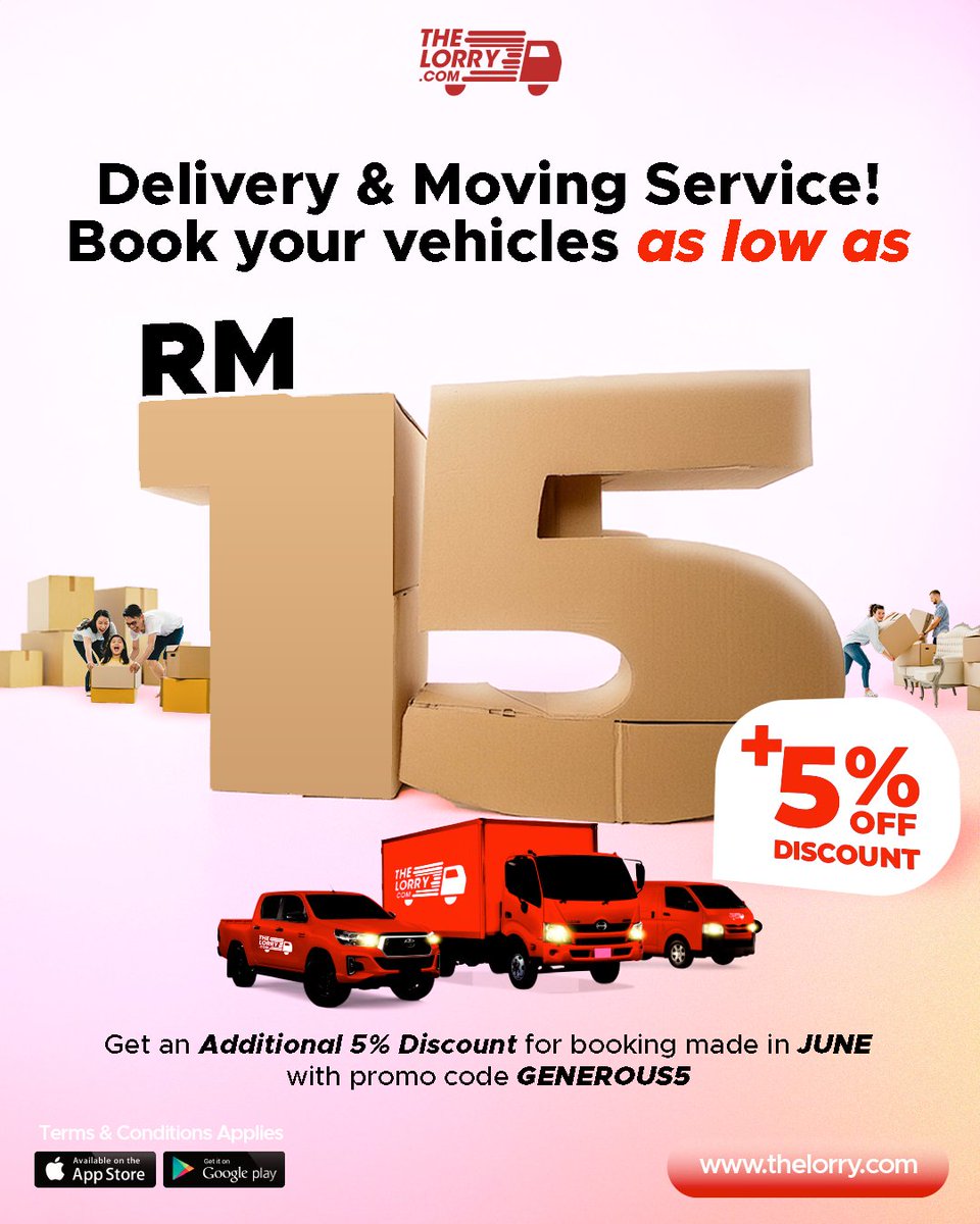 thelorrydotcom's tweet photo. π Delivery and Moving service, June Only! π
Book your delivery or moving service with us as low as RM 15! π And get additional 5% Discount!
Download our app today and make your move stress-free! Or book thru https://t.co/t9fK7TnFPs
#thelorry #movinganddelivery #pindahrumah https://t.co/AemVYhAezv