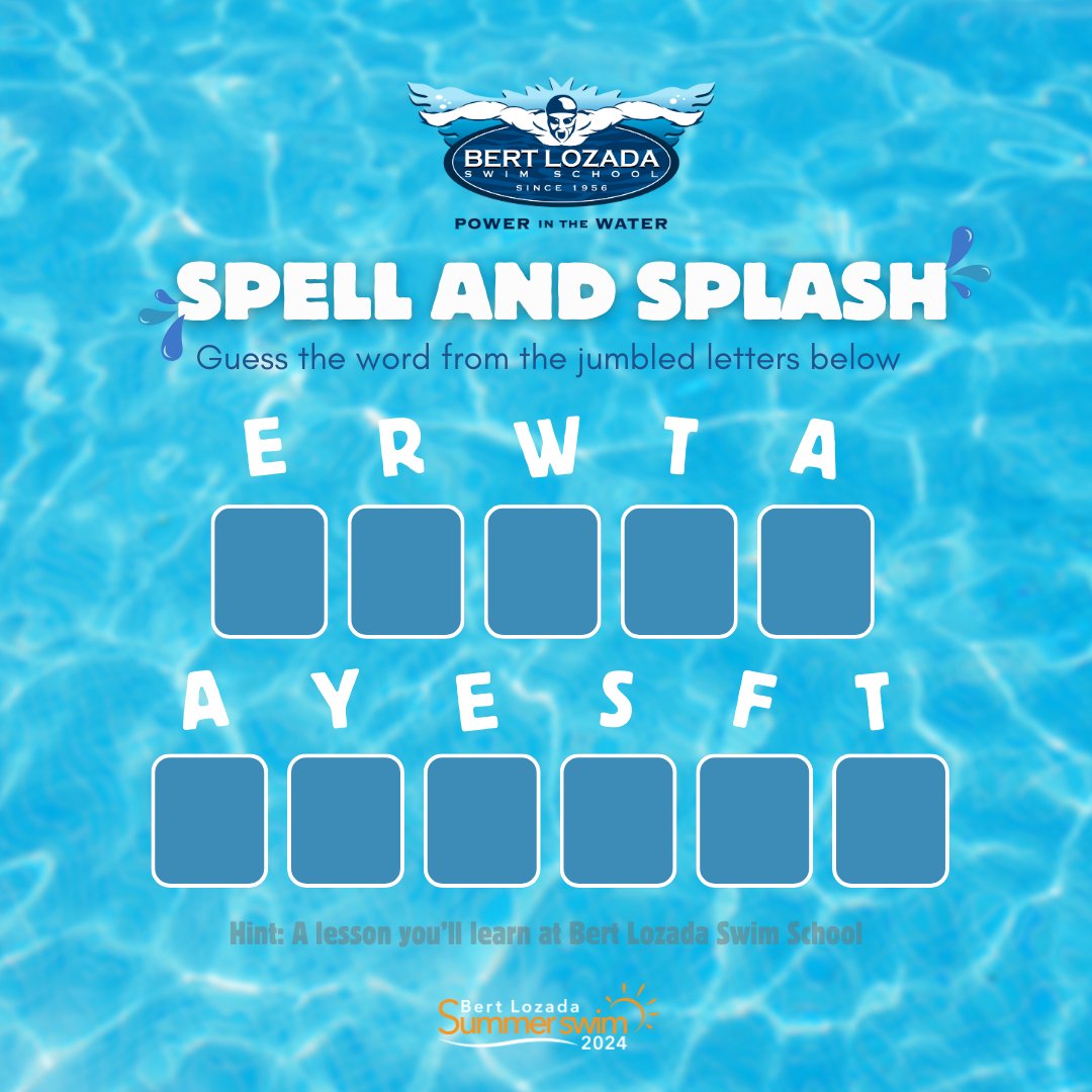 bertlozadaswim's tweet photo. Spell and splash with us this summer! Can you unjumble the letters? 👇✨

Share your answers in the comments section below and join us in learning not just words, but essential swimming skills too💙

Enroll now! Call or message us 📩 https://t.co/KwKdNWNcEU