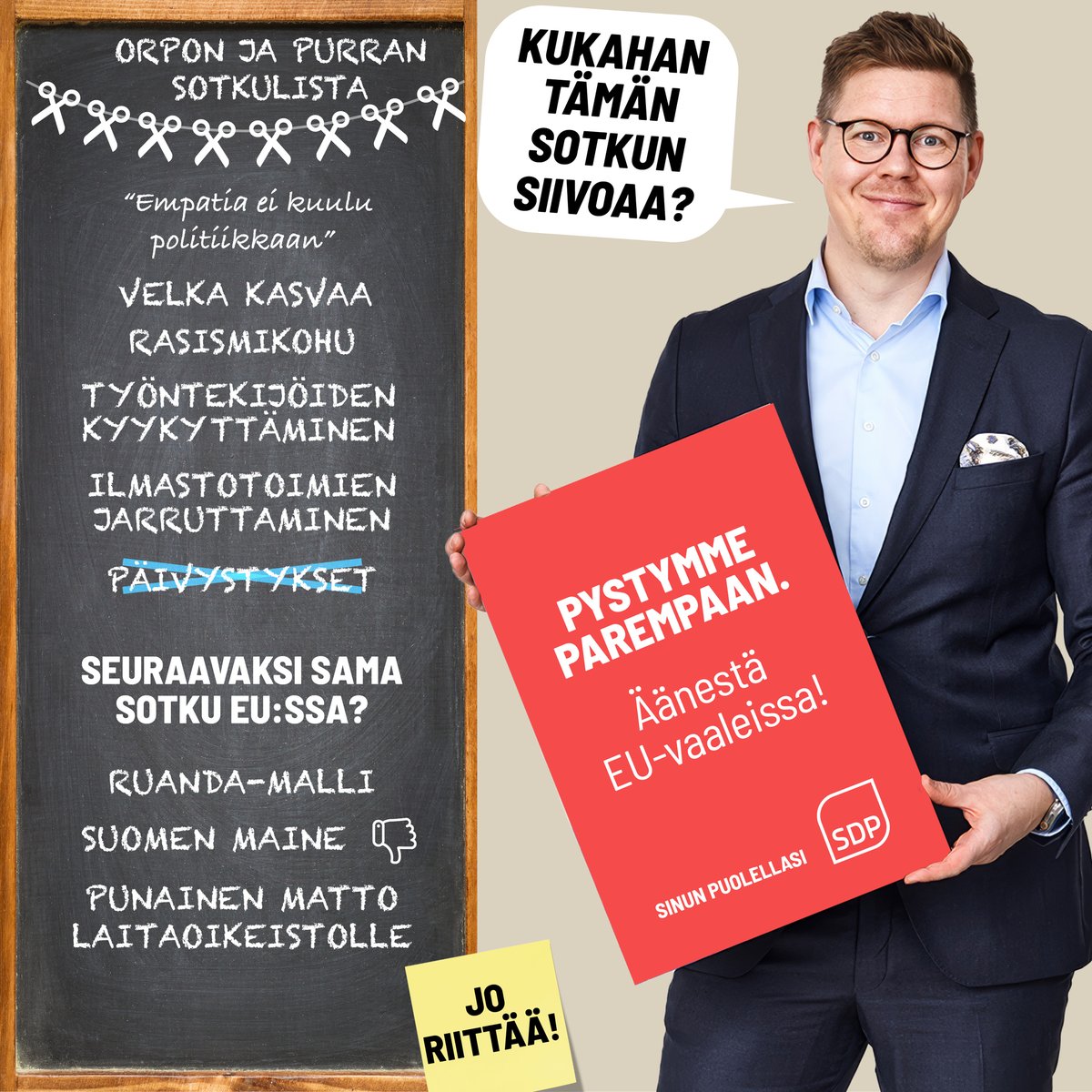 Demarit's tweet photo. Muista käyttää ääntäsi, ettei mene siivoushommiksi myös EU:ssa 🧹 EU-vaalien äänestys sunnuntaina 9.6. Löydä oma ehdokkaasi: https://t.co/huKpl6mJX5 https://t.co/UxNySsjxYZ