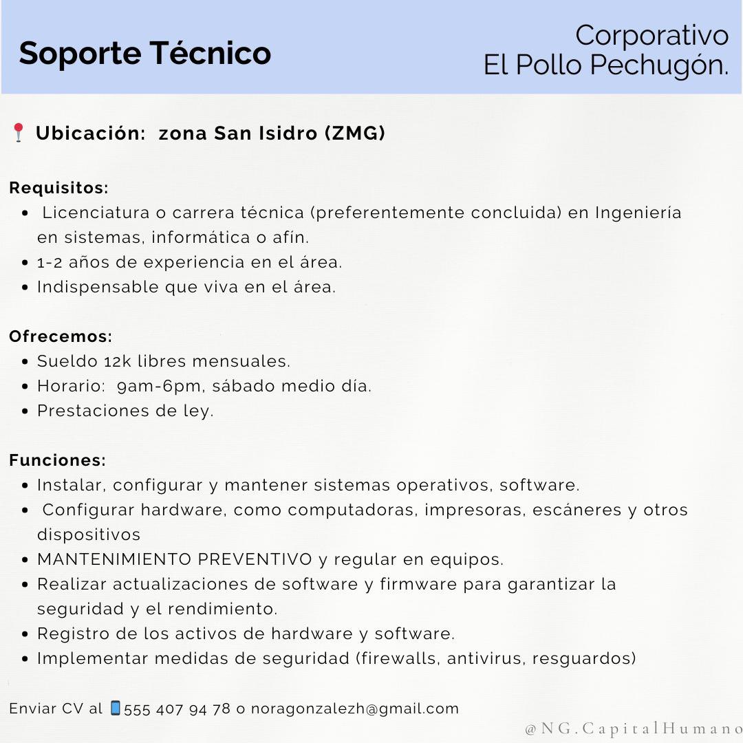 NoraGlez's tweet photo. VACANTE GDL

SOPORTE TÉCNICO
zona San Isidro (ZMG)

Sueldo 12k libres mensuales.

Instalar, configurar y mantener sistemas operativos, software.

Enviar CV a noragonzalezh@gmail.com https://t.co/LjKFIDRYa5
