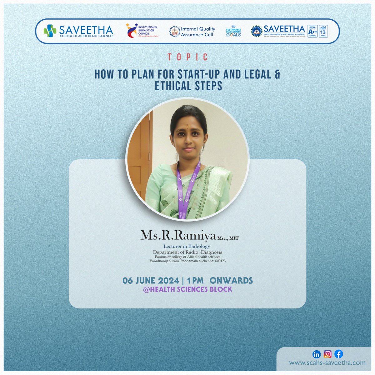 SIMATS_IIC's tweet photo. Saveetha college of Allied Health Sciences organized an IIC activity on How to plan for start up and legal & ethical rights on 06/06/2024.#scahs #iic #simats #mhrdinnovationcell #saveethabreeze #Vicechancellor Simats https://t.co/18BUjWj2qf