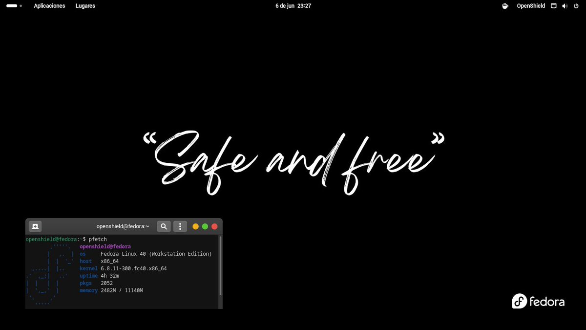4Sentinell's tweet photo. Con algunos minutos adelantados, comparto mi #EscritorioGNULinux con el fondo del lema de mi proyecto #SafeAndFree.
#ViernesDeEscritorio
#Fedora https://t.co/KPU8QKZvxj