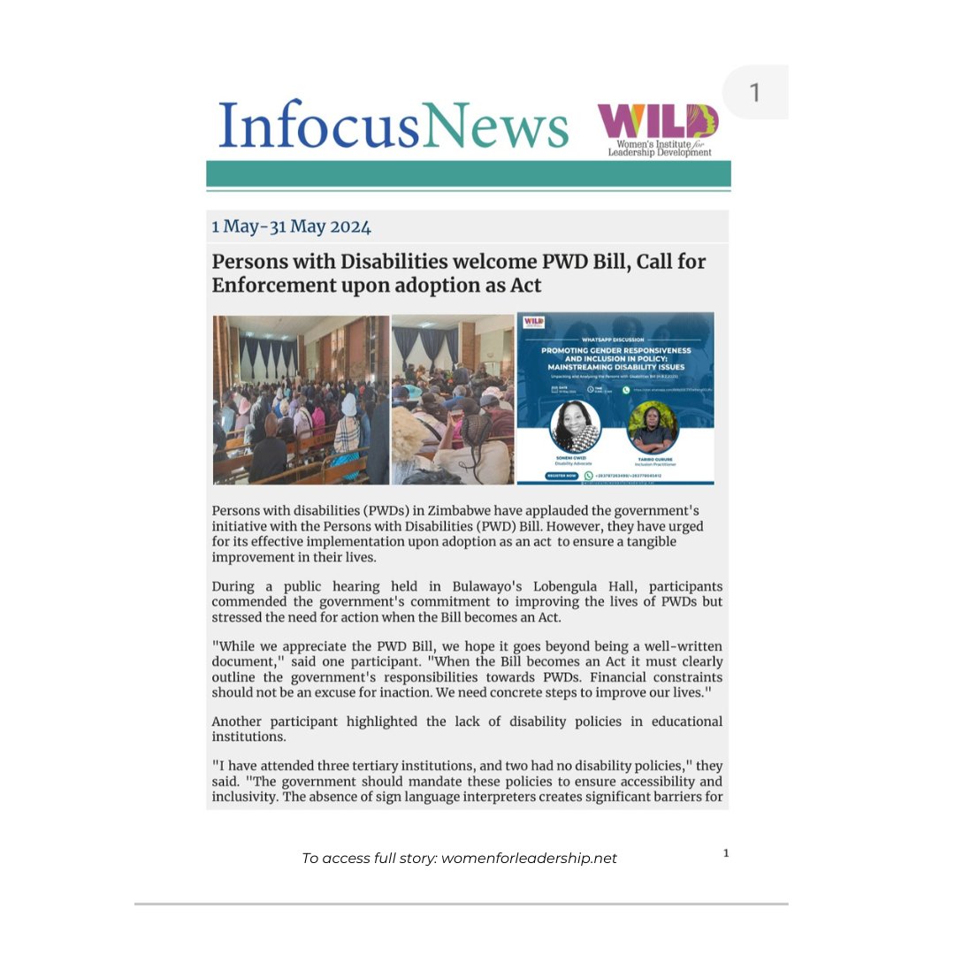 wildtrustzim's tweet photo. Have you seen our latest newsletter? It is packed with inspiring stories about women leaders making a real difference in our communities!   

We shine the light on the #WLSB, #PWD Bill submissions &amp; women weavers

WILD Infocus News- May 2024 - WILD (https://t.co/asRqePkIcl) https://t.co/mny7vRnh2Q