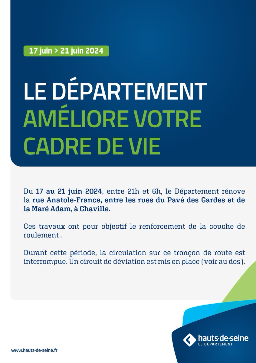ville_chaville's tweet photo. #travaux
Du 17 au 21 juin, @hautsdeseinefr réalisera des travaux de nuit, de 21h à 6h :
➡️rue Anatole France, entre rues du Pavé des Gardes et de la Mare Adam
➡️rue de Jouy, entre rues du Pavé de Meudon et Jean Jaurès
La circulation sera interrompue et le stationnement interdit. https://t.co/WPjBftx2YX
