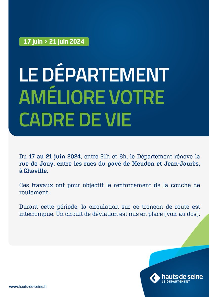 ville_chaville's tweet photo. #travaux
Du 17 au 21 juin, @hautsdeseinefr réalisera des travaux de nuit, de 21h à 6h :
➡️rue Anatole France, entre rues du Pavé des Gardes et de la Mare Adam
➡️rue de Jouy, entre rues du Pavé de Meudon et Jean Jaurès
La circulation sera interrompue et le stationnement interdit. https://t.co/WPjBftx2YX