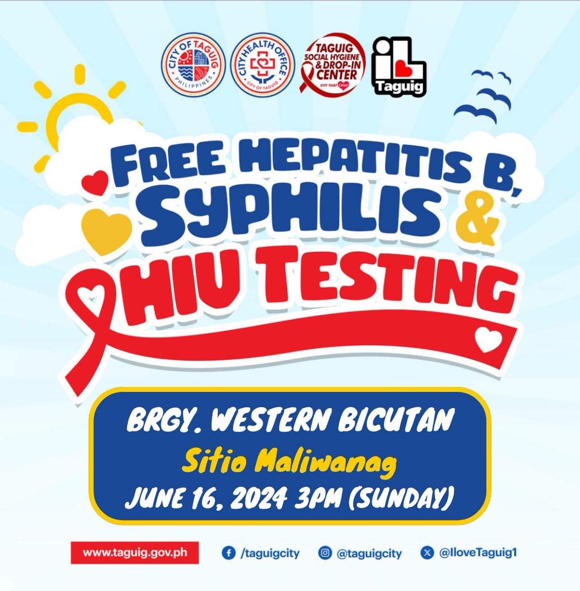 IloveTaguig1's tweet photo. Syempre magpapahuli ba ang mga taga Western Bicutan ❤️🌈 

Bilang parte ng kanilang selebrasyon ng Pride Month 🌈. Ang aming programa ay magsasagawa ng LIBRE at CONFIDENTIAL na HIV, Syphilis &amp; Hepatitis B Testing sa  mga nabanggit na petsa at lugar. https://t.co/cyfWBAVZyH