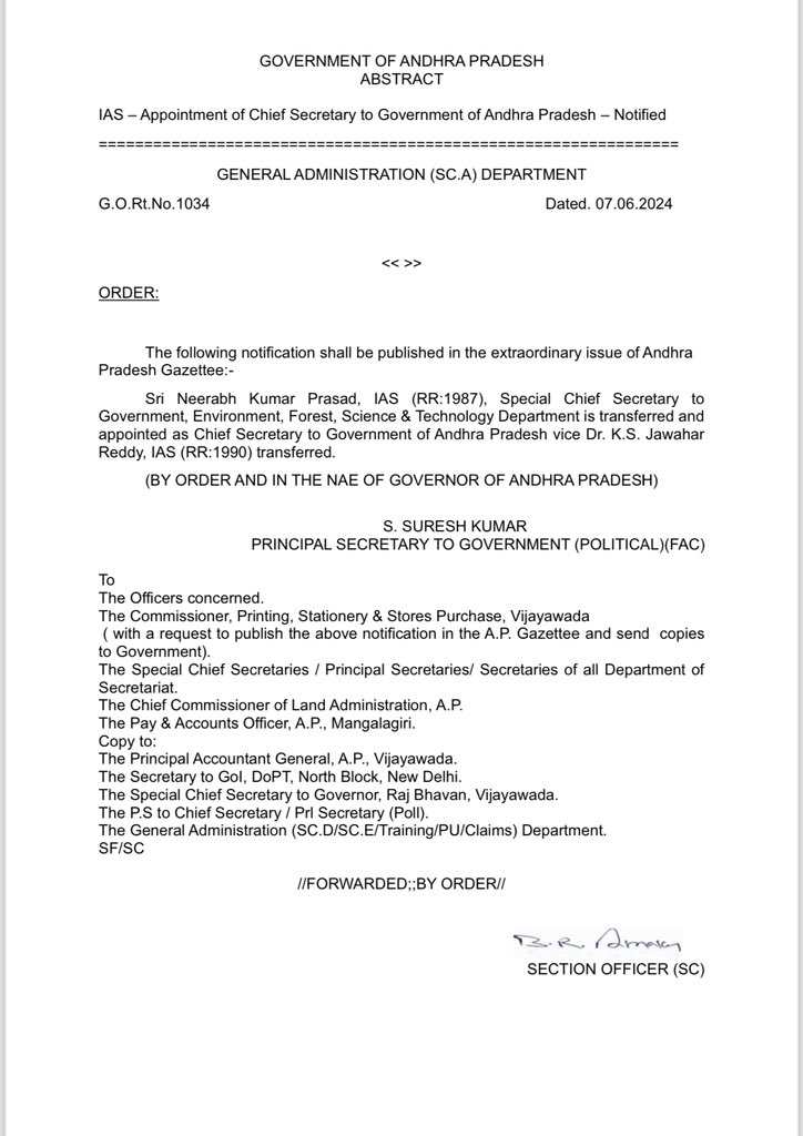 jsuryareddy's tweet photo. A 1987 batch IAS officer Neerabh Kumar Prasad has been appointed as the new #ChiefSecretary of Andhra Pradesh.
Appointment orders were issued.
The present Chief Secretary 1990 batch IAS, K.S. Jawahar Reddy transferred.
#APChiefSecretary #AndhraPradesh #NeerabhKumarPrasad https://t.co/mr0SGGqR1E