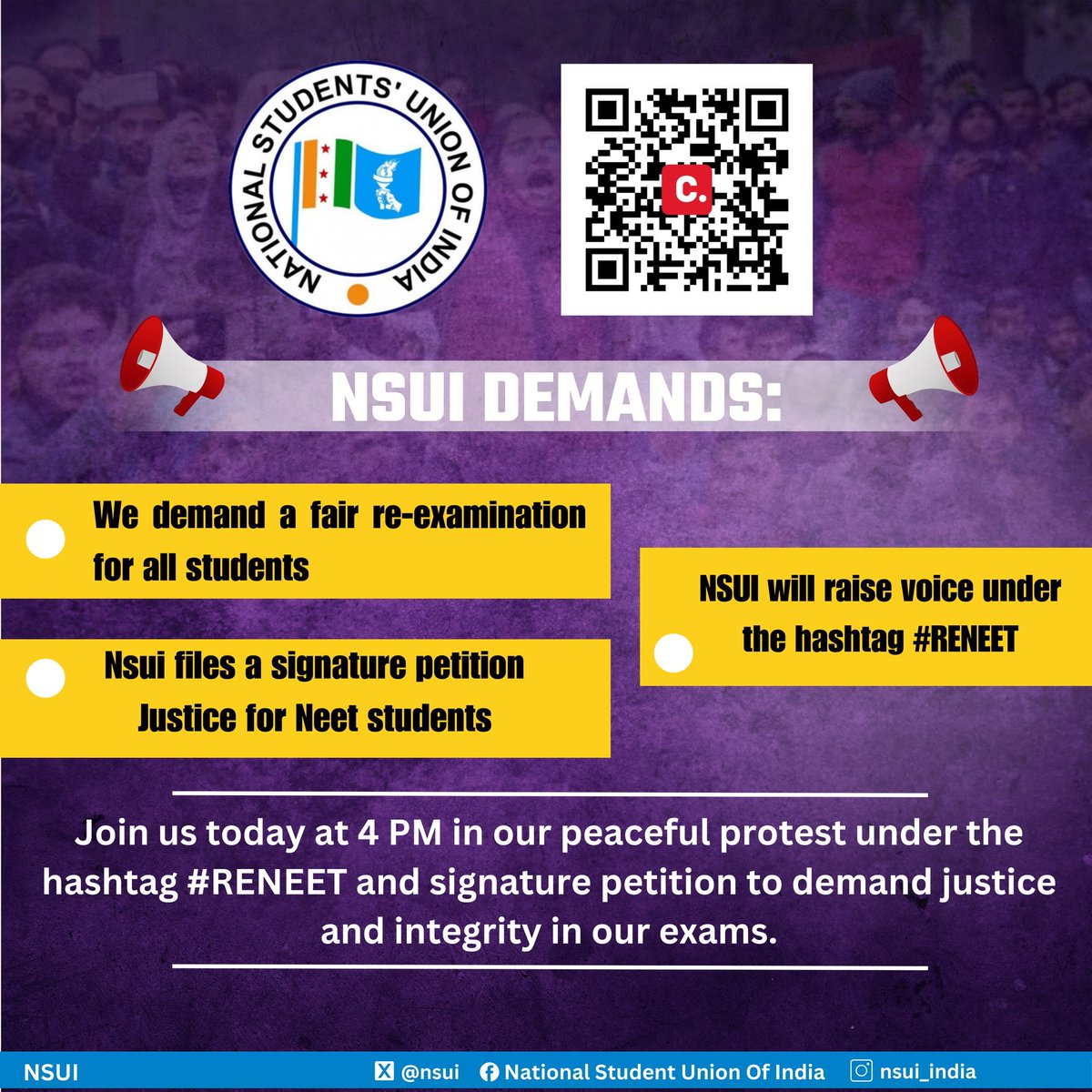 nsui's tweet photo. NEET aspirants are facing so much anxiety & mental trauma due to irresponsible behaviour of @DG_NTA, who is playing with the future of Lakh of students.
So we demand the fair re-examination of #NEET for all the students & strict action against the culprits of #NEETFraud.

Join us today at 4 PM and raise the voice of students.
Sign the petition https://t.co/n5X6PeKDx5

#NEET_परीक्षा_परिणाम #NEETPAPER_LEAK