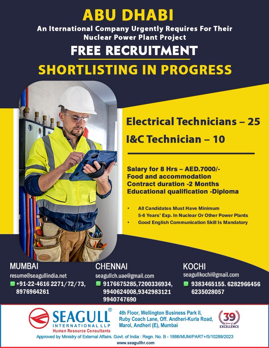 hrd1_seagull's tweet image. 🇦🇪Abu Dhabi Jobs 
‼️Free Recruitment 
✔Urgent Recruitment
📝Shortlisting In Progress
📍Location- Mumbai , Chennai &amp;amp; Kochi 
.
.
.
#abudhabijobs #seagull #electricaltechnicians #iandctechnician