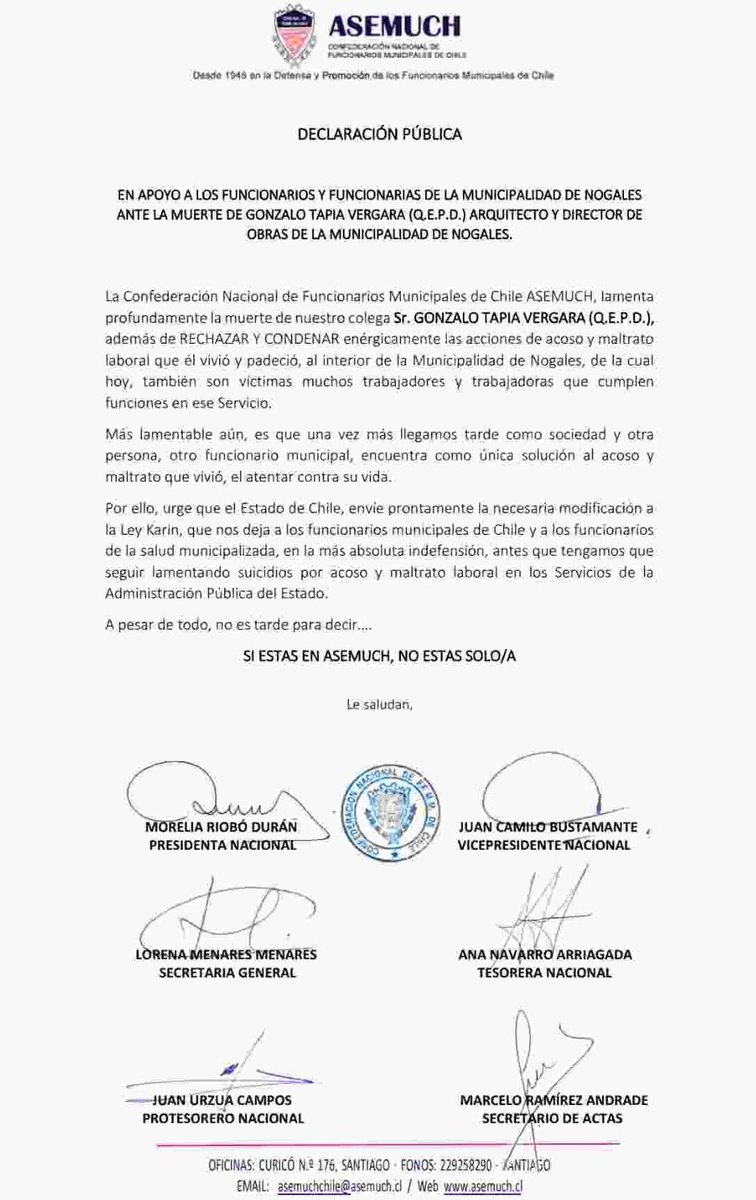 ChileAsemuch's tweet photo. Basta de maltrato y acoso laboral en los municipios del país.
@GobiernodeChile @SubseVoceriaGob @SubsecTrabajo 
#leykarinparalosmunicipales @ConfusamChile @Cutchile @chilevision @meganoticiascl @canal13 @TVN @ElMercurio_cl @elmostrador @biobio @EstatalesCLATE @La_Segunda https://t.co/fQONVslZqI