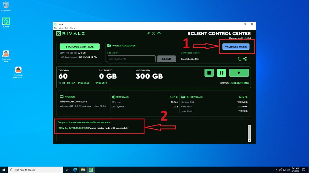 lacacrypto's tweet photo. ☄️ Quan trọng: Rival network node
Kèo cũ: https://t.co/l9YIshW8TA

✅ Join airdrop: https://t.co/EOsa1HU2y1

🔻 Run node xong nhớ đồng bộ node với web:

1.  Tại apps node như hình
👉 Validate node - cửa sổ trình duyệt sẽ mở lên
👉 Chọn wallet connect - Dùng ví metamask trên điện thoại quét mã QR để kết nối (nếu dùng vps). Hoặc kết nối trực tiếp với ví bản extention nếu chạy trên pc cá nhân

2. Lúc này có thể kiểm tra đồng bộ tại trang dashboard web: 
👉 Tại tab My client - Validate Client 
👉 Click Validate (báo thành công như hình 2 là ok)