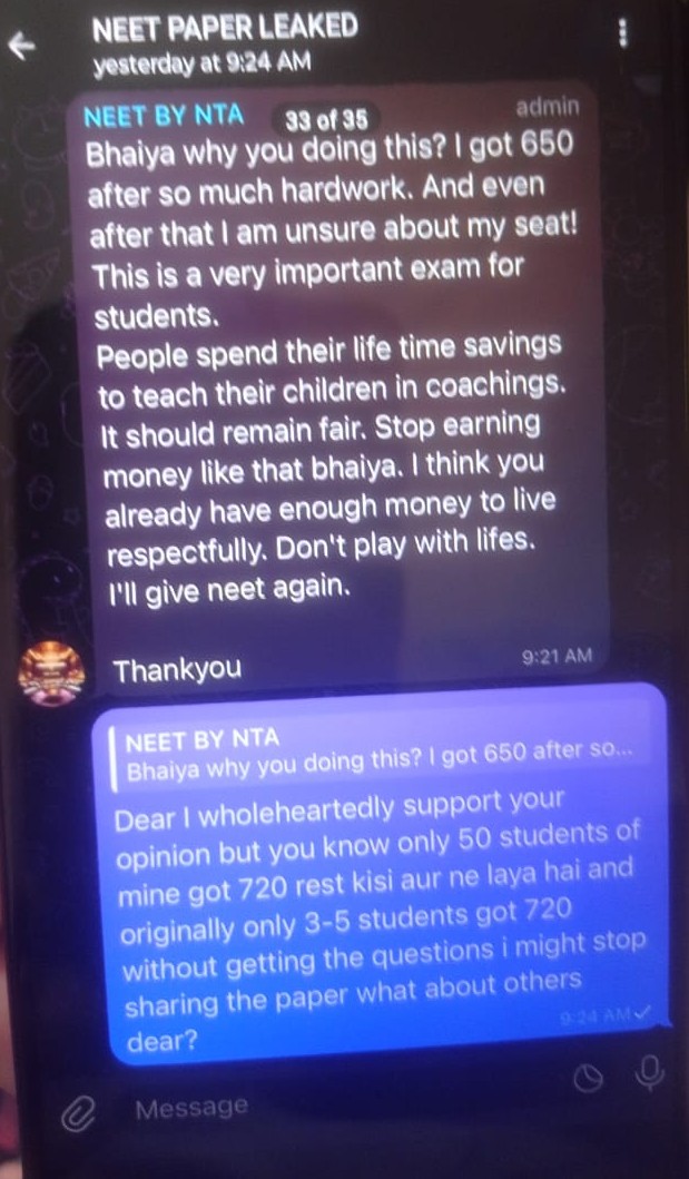 SwatchBharat's tweet photo. @TV9Bharatvarsh @TimesNow @RahulGandhi @kaankit 
Please view this telegram channel which claim that his 50 candidates have 720/720 whom that paper leaked before exam of NEET 2024
#NTA_CHOR_HAI
#NEET2024SCAM
https://t.co/UNcEtjL1Gy https://t.co/JWB8vPJ93X