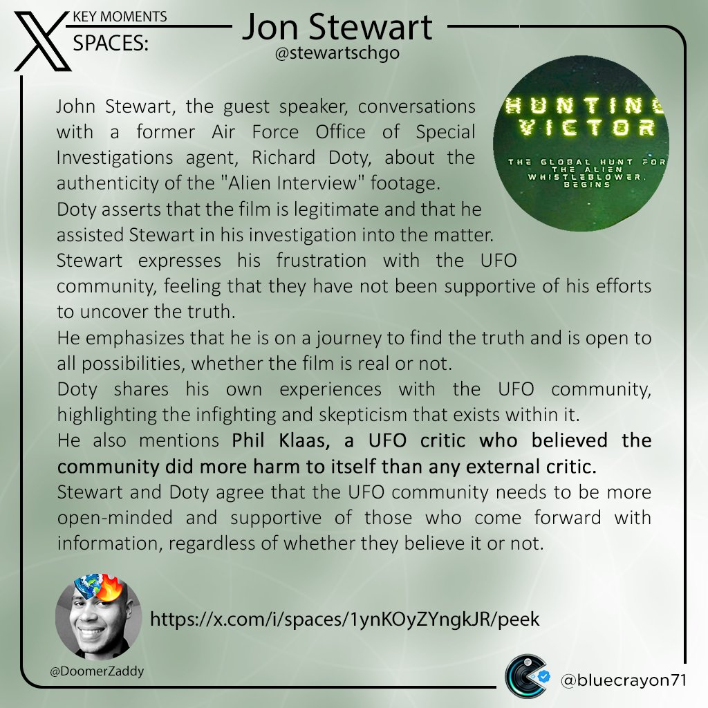 bluecrayon71's tweet image. Thankyou @stewartschgo If nothing else we all appreciate the/you're journey of Truth 🙏

SPACES 
x.com/i/spaces/1ynKO…

#UFOTwitter #Disclosure #AlienInterview #Victor #conspiracy #paranormal #UFOs #JohnStewart #RickDoty #thetruthisoutthere