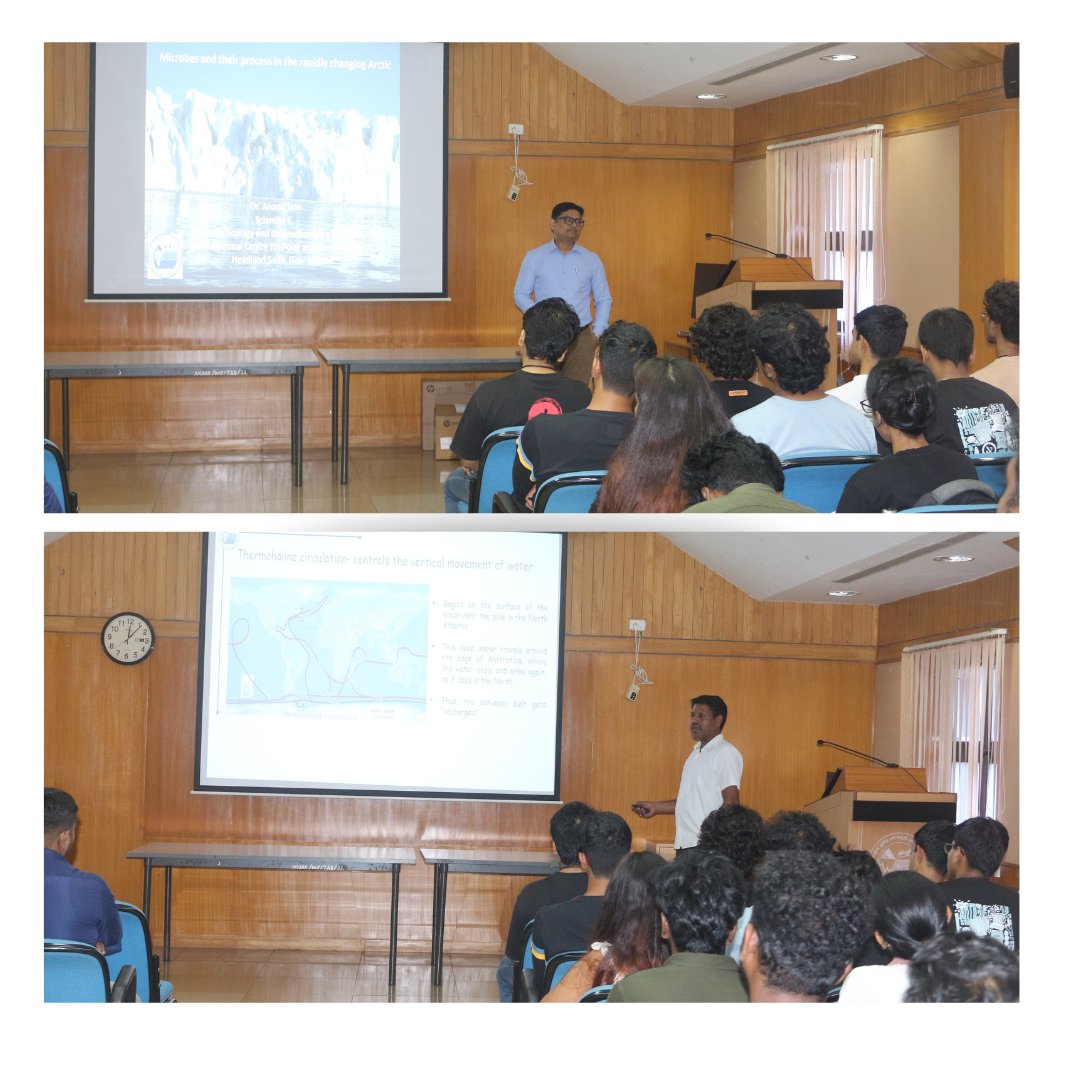 ncaor_goa's tweet photo. NCPOR conducted induction program for dissertation students. Initiated with the remarks by Dr. Rahul Mohan, followed by insights from Dr. Mahesh on #Antarctica; Dr.Anand Jain on #Arctic; Dr. Sabu on #SouthernOcean; Dr. Lachit on #IOGL; & Dr. Koushick on #hydrothermal studies. https://t.co/6cNQG1JnOR