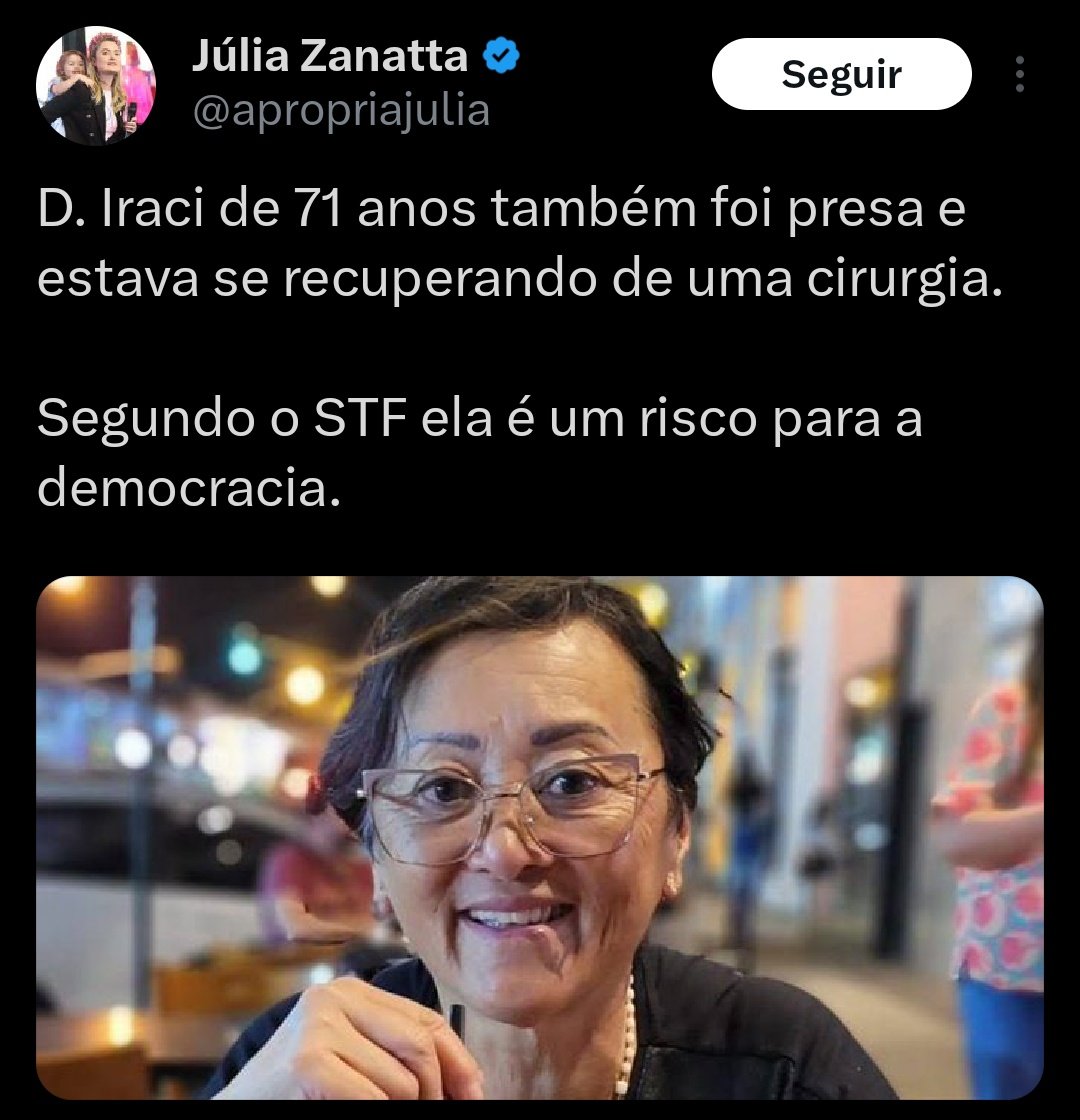 prmalaoficial's tweet photo. Dona Iraci, de 71 anos, foi presa porque é golpista. Se no dia 8 de janeiro estivesse cuidando da sua saúde, hoje não estaria presa.

Eu deixo aqui o meu mais sincero PHODA-SEEEEEEEEEEEE.😂 https://t.co/J5mfVPvSZL