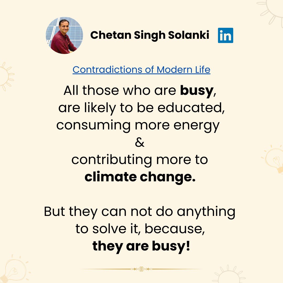 DrChetanSolanki's tweet photo. Are you busy?

If yes, you are likely to be contributing more to climate change! For simple reason that you are likely to be consuming more energy and materials.

Read more: https://t.co/Z1rKaF2i0I
#energy https://t.co/1HY5BSSeyC