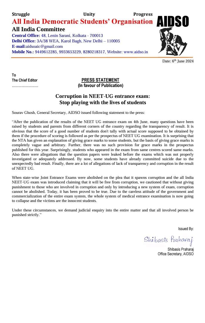 Regarding Corruption in #NEET-UG Result 
Stop playing with the lives of students 
<a href="/AIDSO_SOURAV/">Sourav Ghosh</a> <a href="/DrMridulSarkar/">Dr Mridul Sarkar</a> <a href="/NTA_Exams/">National Testing Agency</a> <a href="/Xpress_edex/">Edex - The New Indian Express</a> <a href="/medicaldialogs/">Medical Dialogues</a>
