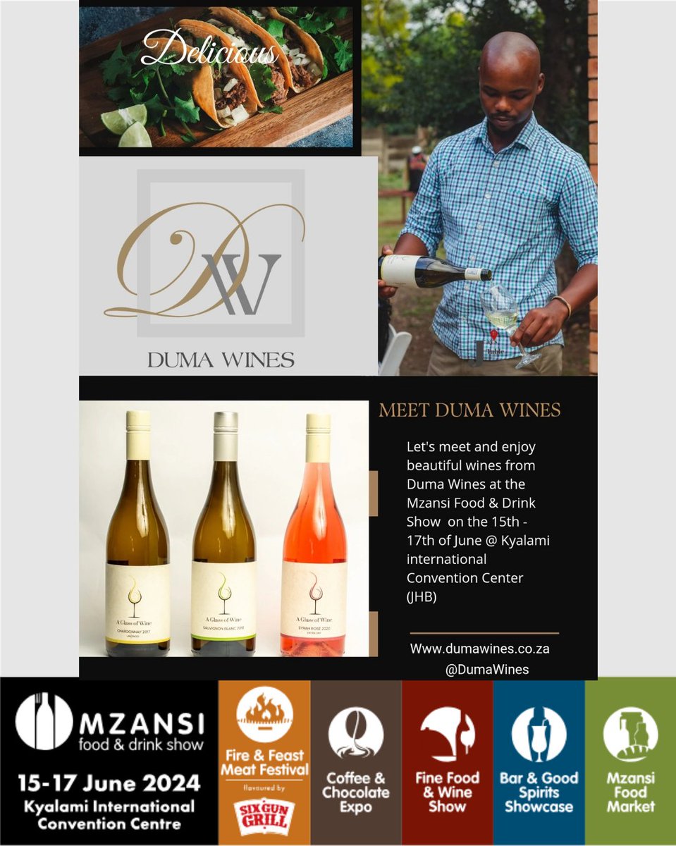 DumaWines's tweet photo. We cannot wait to meet you guys in Johannesburg at the Mzansi Food &amp; Drink Show coming up on the 15th -  17th of June at the Kyalam International Convention Center.

Spread the word, and let's enjoy together https://t.co/fAHLa21B1e