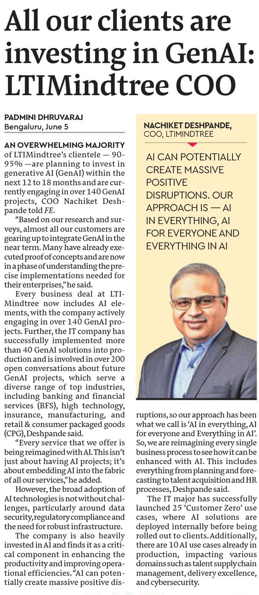 In a recent interview featured in the <a href="/FinancialXpress/">Financial Express</a>, <a href="/nachidesh/">Nachiket Deshpande</a>, Chief Operating Officer at #LTIMindtree, discusses the company's deep investment in AI, emphasizing its pivotal role in boosting productivity and operational efficiency. He emphasizes the critical importance of
