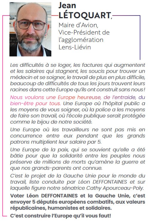 PCFAvion's tweet photo. 📍𝗔𝗣𝗣𝗘𝗟 𝗔 𝗩𝗢𝗧𝗘𝗥 𝗣𝗢𝗨𝗥 𝗟𝗘́𝗢𝗡 𝗗𝗘𝗙𝗙𝗢𝗡𝗧𝗔𝗜𝗡𝗘𝗦 de @JeanLETOQUART , maire d'Avion le 9 juin à l'élection Européenne.
👉 Pour la Gauche Unie pour le monde du travail, pour reconstruire les #servicespublics, la hausse des #salaires
#avecLeon #GaucheUnie https://t.co/lUskc4efin