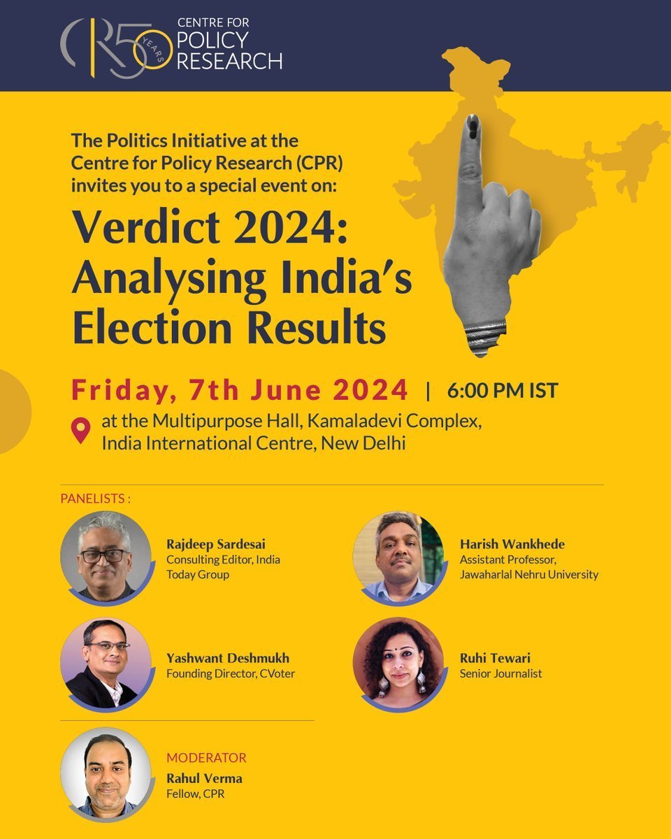 Why BJP lost UP, Bengal &amp; Maharashtra? How Cong gained in Haryana &amp; Rajasthan? 

<a href="/CPR_India/">Centre for Policy Research</a> is delighted to invite you for a panel discussion with <a href="/sardesairajdeep/">Rajdeep Sardesai</a> <a href="/KyaHarish/">Harish Wankhede</a> <a href="/RuhiTewari/">Ruhi Tewari</a> <a href="/YRDeshmukh/">Yashwant Deshmukh 🇮🇳</a> 

please join us for tea at 5:45 pm

Registrations: bit.ly/4c7zfCb