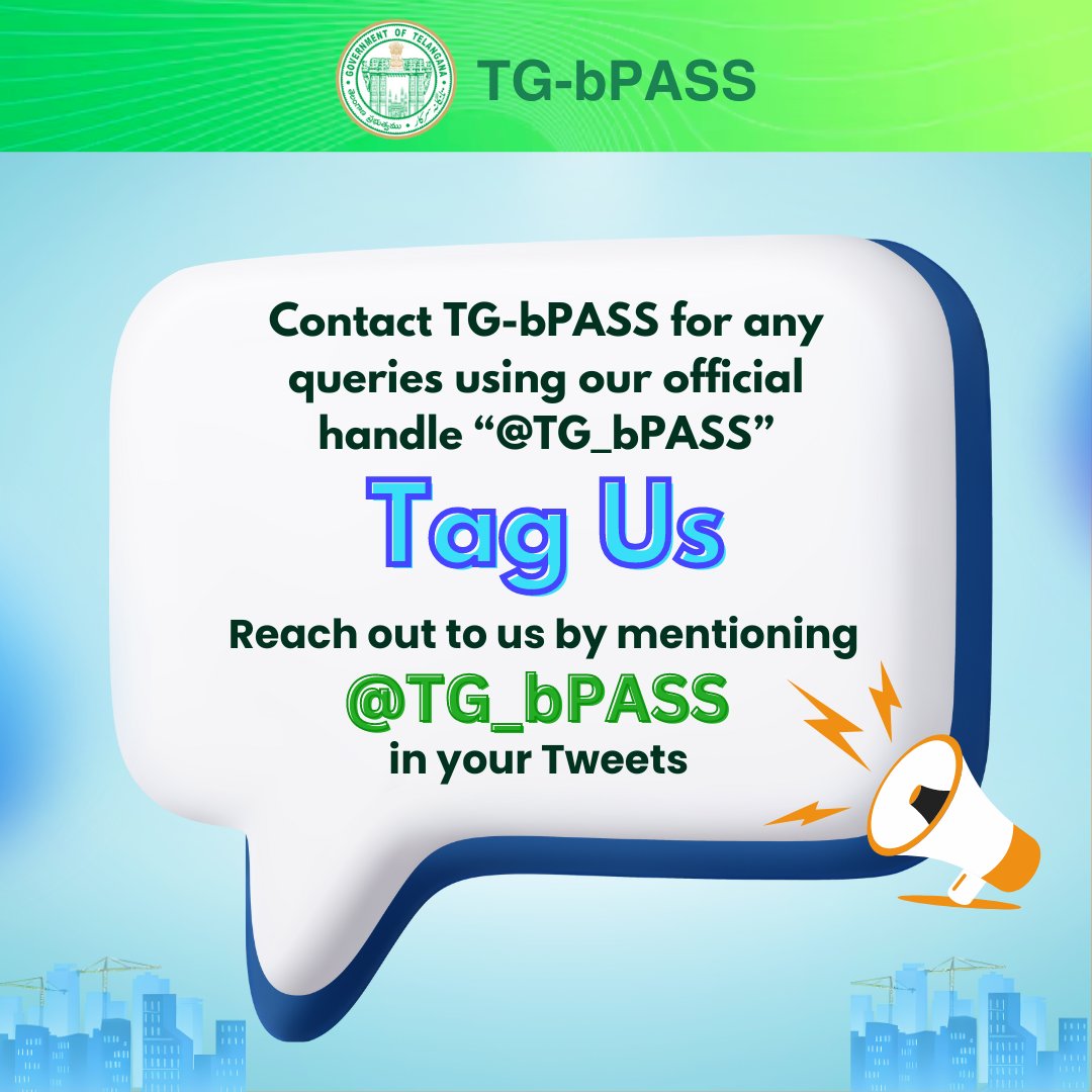 Need help with TG-bPASS? Please reach out to us using the <a href="/TG_bPASS/">TGbPASS</a> or "#TGbPASS" in your tweets!

Also, It is requested to make a note of support services business hours. We are available on all working days, 10:30 AM to 05:30 PM.

#hyderabad #construction #build #building