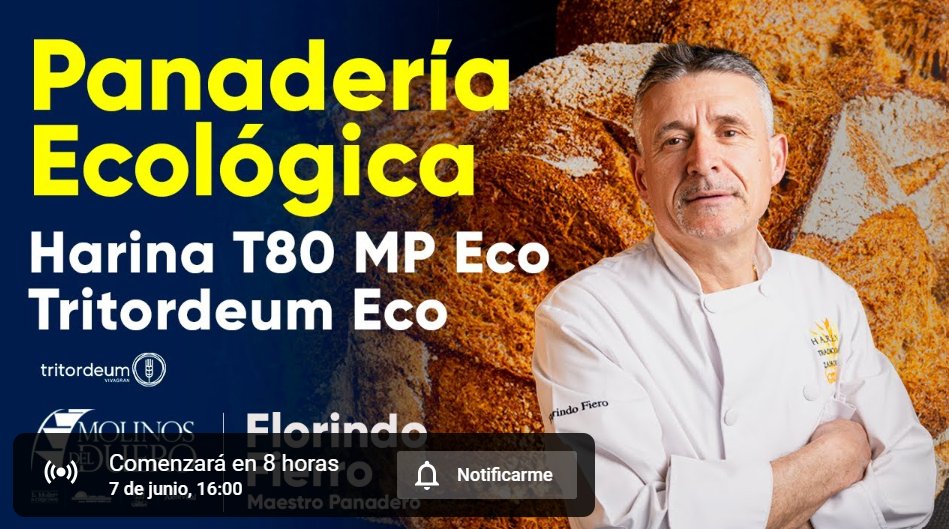 🥖 ¡Hoy a las 16:00! 🌟 Formación de panadería con Florindo Fierro y Molinos del Duero 🌾. Aprende a hacer panes de Tritordeum ecológicos 🌿. ¡No te lo pierdas! 👨‍🍳🍞✨ #Panadería #Tritordeum #FlorindoFierro #MolinosDelDuero