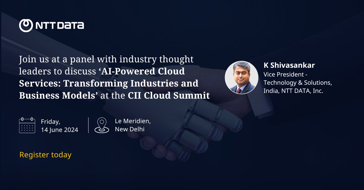 RitikaJ's tweet photo. @Shivasankar K, Vice President, Technology &amp; Solutions, India, NTT DATA, Inc. joins a panel of industry experts at the #CIICloudSummit.
Register to experience the transformational power of AI: https://t.co/dEtthx3ecK

 https://t.co/uGd6vAhIyU https://t.co/lWHpnbxUku