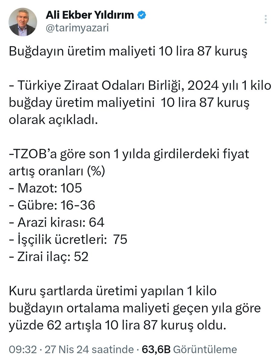 İktidar yıllardır çiftçiyi bitirme pahasına ithal ettiği buğdayın ithalatını bu yıl Haziran-Eylül arasında yasaklamış.

Buraya kadar kulağa hoş geliyor değil mi?

Ama işin aslı öyle değil!

Buğday alım fiyatı geçen yıla göre sadece %12 arttırılarak, çiftçiye şu anda 12 TL'ye mal