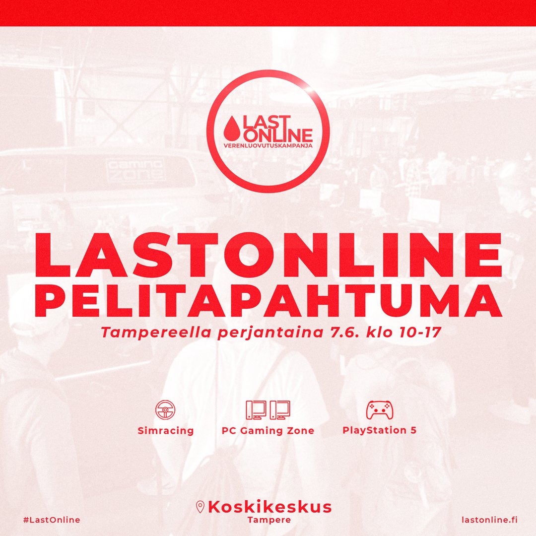LastOnline-verenluovutuskampanja tänään Tampereella Koskikeskuksessa!

Maksuttomassa tapahtumassa voit pelata huipputason tietokoneilla, pleikkareilla sekä kokeilla ajosimulaattoria!  

Paikalla on myös Felin Voittomalja ja mahdollisuus luovuttaa verta!

#LastOnline