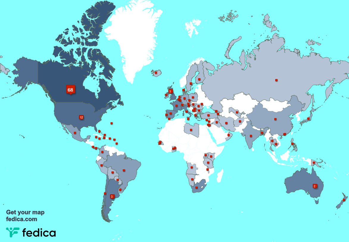 According to fedica.com/!TheSpitter, you come from 88 countries
1. Canada (68%) 🇨🇦
2. USA (12%) 🇺🇸
3. UK. (3%) 🇬🇧

Can you see your country?