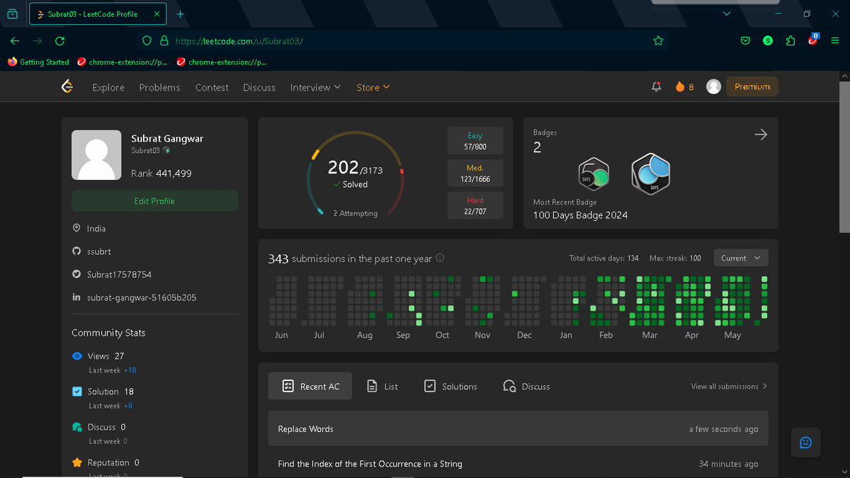 Subrat17578754's tweet image. &quot;Excited to share a milestone achievement: just completed 100 days of consistent #LeetCode practice, solving 200+ problems along the way! 💪🏼🚀 Grateful for the journey and the growth it&apos;s brought. Persistence pays off#coding! #100dayscoding
Profile Link : leetcode.com/u/Subrat03/