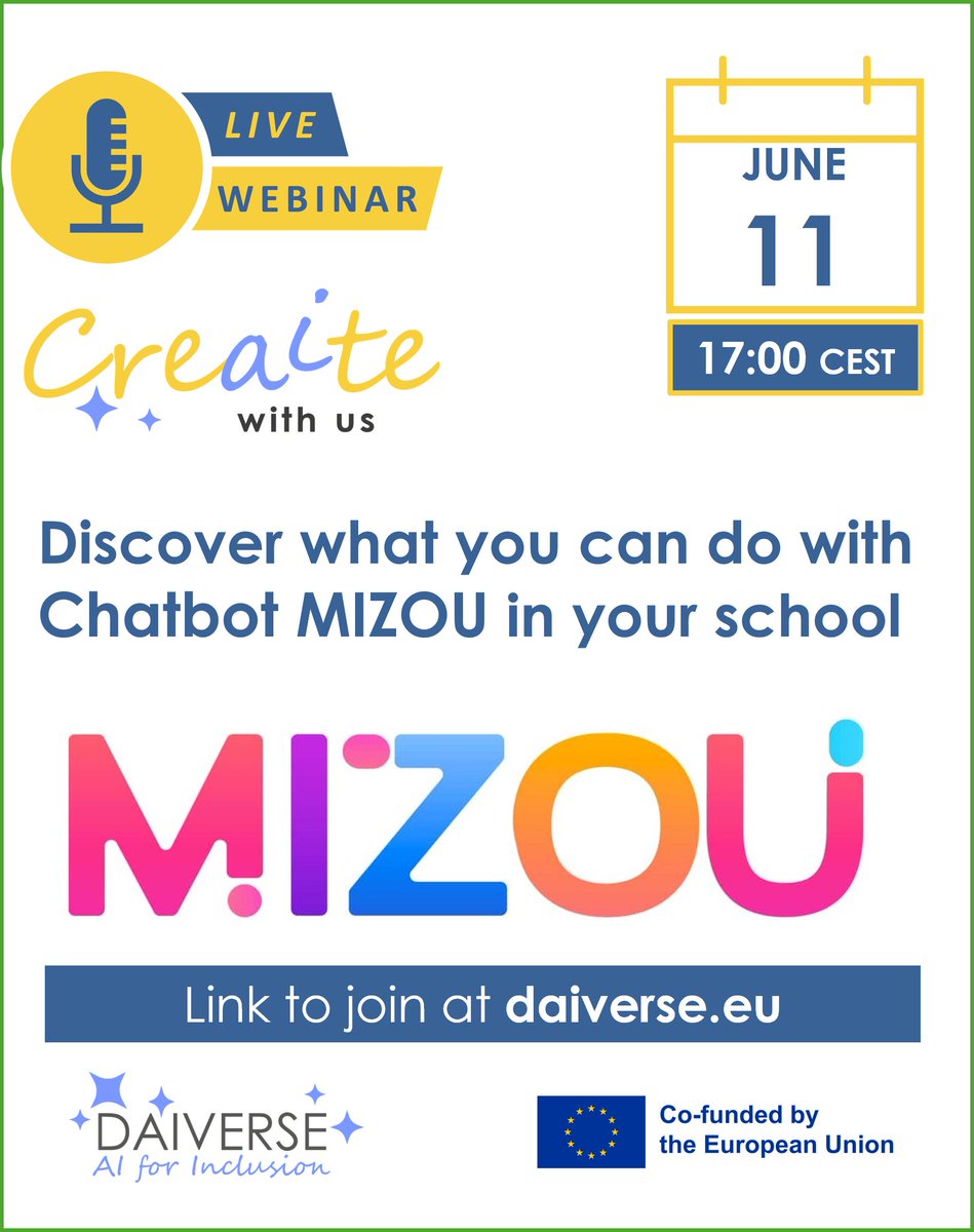 Bart Verswijvel (@bartverswijvel) on Twitter photo In Daiverse #erasmusplus project on Artificial Intelligence for Inclusion, we explore how chatbot <a href="/mizouai/">Mizou - AI Chatbot</a> can be implemented in and outside classroom. Learn from VTI Menen (BE) at free webinar on 11 June at 5pm CEST. Link at Daiverse.eu <a href="/abfromz/">Arjana</a> <a href="/lohynova/">Kornelia Lohynova</a> <a href="/EPOSvzw/">EPOS vzw</a> In Daiverse #erasmusplus project on Artificial Intelligence for Inclusion, we explore how chatbot <a href="/mizouai/">Mizou - AI Chatbot</a> can be implemented in and outside classroom. Learn from VTI Menen (BE) at free webinar on 11 June at 5pm CEST. Link at Daiverse.eu <a href="/abfromz/">Arjana</a> <a href="/lohynova/">Kornelia Lohynova</a> <a href="/EPOSvzw/">EPOS vzw</a>