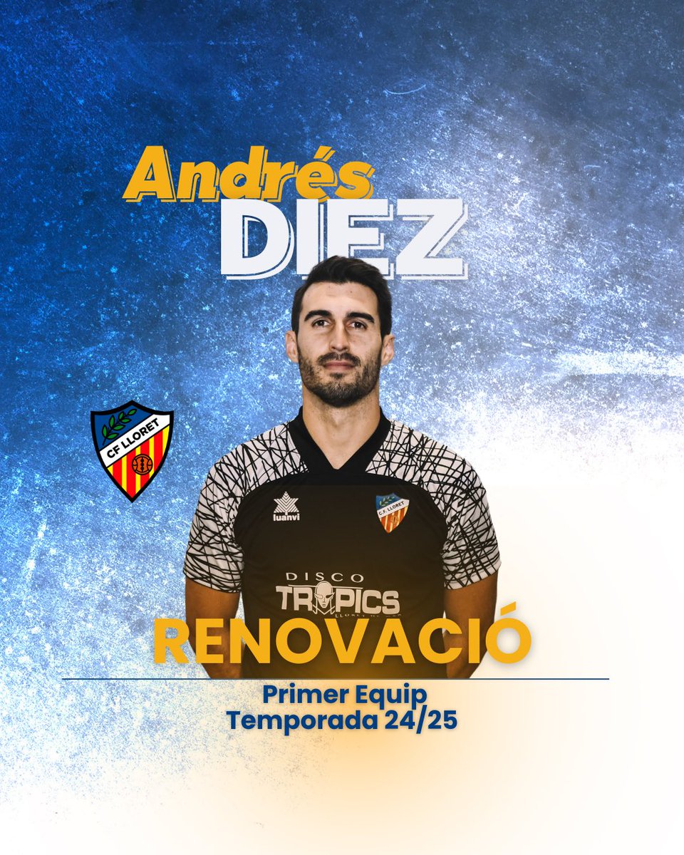 cf_lloret's tweet photo. ✍🏻 RENOVACIÓ: ANDRÉS DÍEZ

La porteria queda completada amb Andrés Díez, que continuarà defensant la samarreta del CF Lloret. El lloretenc vol tornarà a demostrar la seva experiència i qualitat sota pals en una nova temporada en la Lliga Elit.

#AmuntLloret 💙🤍 https://t.co/SXpg5F5dT0