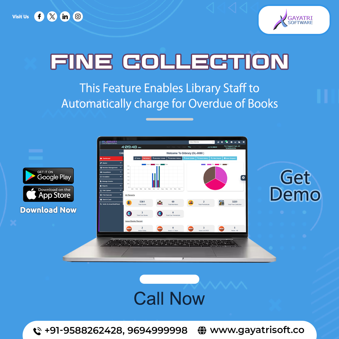gayatrisoftware's tweet photo. GLibrary: Your secret weapon for stress-free fine collection! Automated reminders, easy tracking - say goodbye to overdue headaches. #digitallibrary #libraryautomation #Glibrary #librarysoftware #librarymanagementsoftware #librarymanagement #rfidlibrary #InnovationInLibraries https://t.co/hH5V1CLkTd