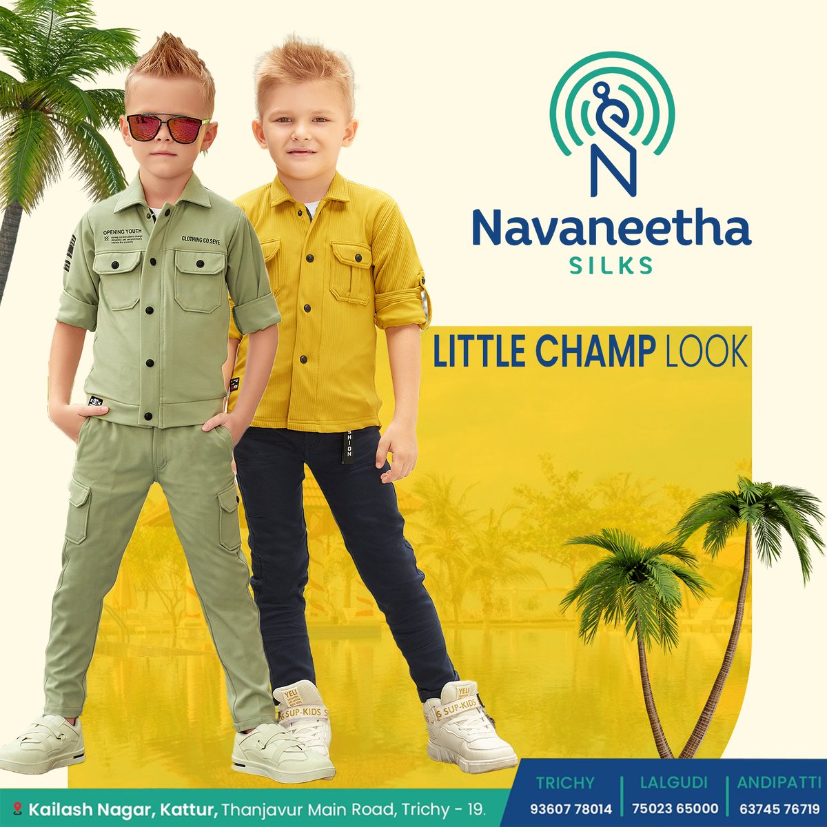 NavaneethaSilks's tweet image. Get your little ones ready for summer with our latest boys summer wear
Navaneetha Silks
Kailash Nagar, Kattur,
Thanjavur Main Road, Trichy
Trichy | Lalgudi | Andipatti
📷93607 78014
#boyscollection #matchingoutfits #SummerVibes #StayTrendy #navaneethasilks #Readymades #trichy