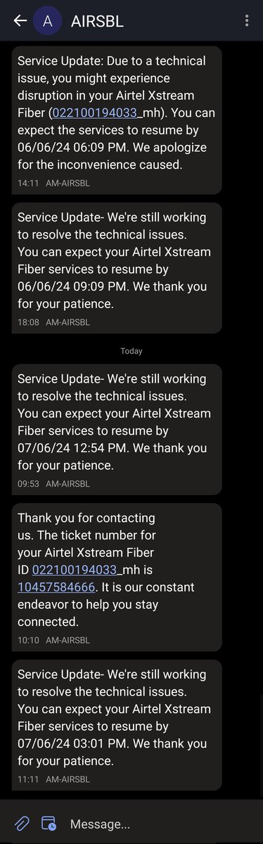 Shutter0Bugger's tweet photo. @airtelindia All I am getting in terms of an update is just postponement of resolution time. Why is it taking so long? Looking at the current resolution time (which I am sure will be pushed to sometime later again) it will be more than 24 hours since the service is down https://t.co/lkjwPym2Ez