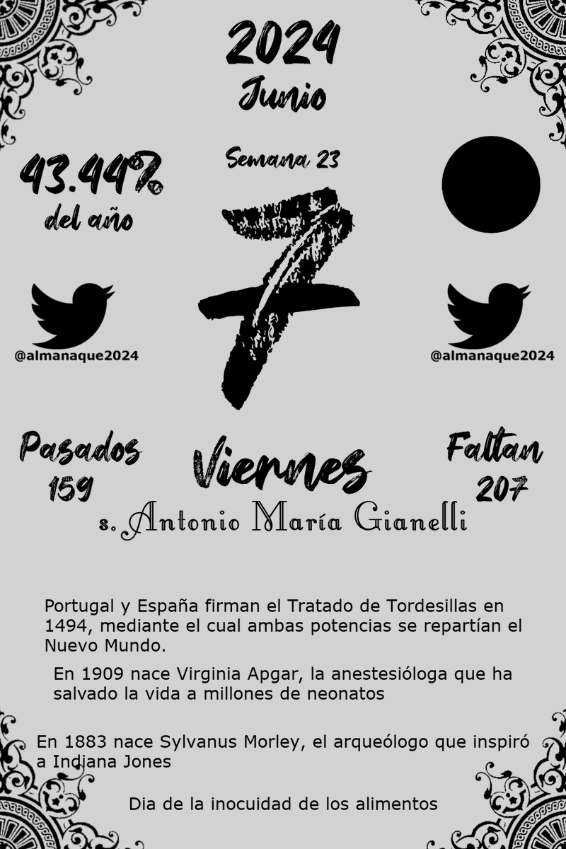almanaque2024's tweet photo. Almanaque del Viernes 07 de Junio, 2024
#FelizViernes #BuenosDias #Almanaque #Calendario #Diario #Junio #07deJunio #Viernes #Viernes07 https://t.co/XzkI9rgKeu