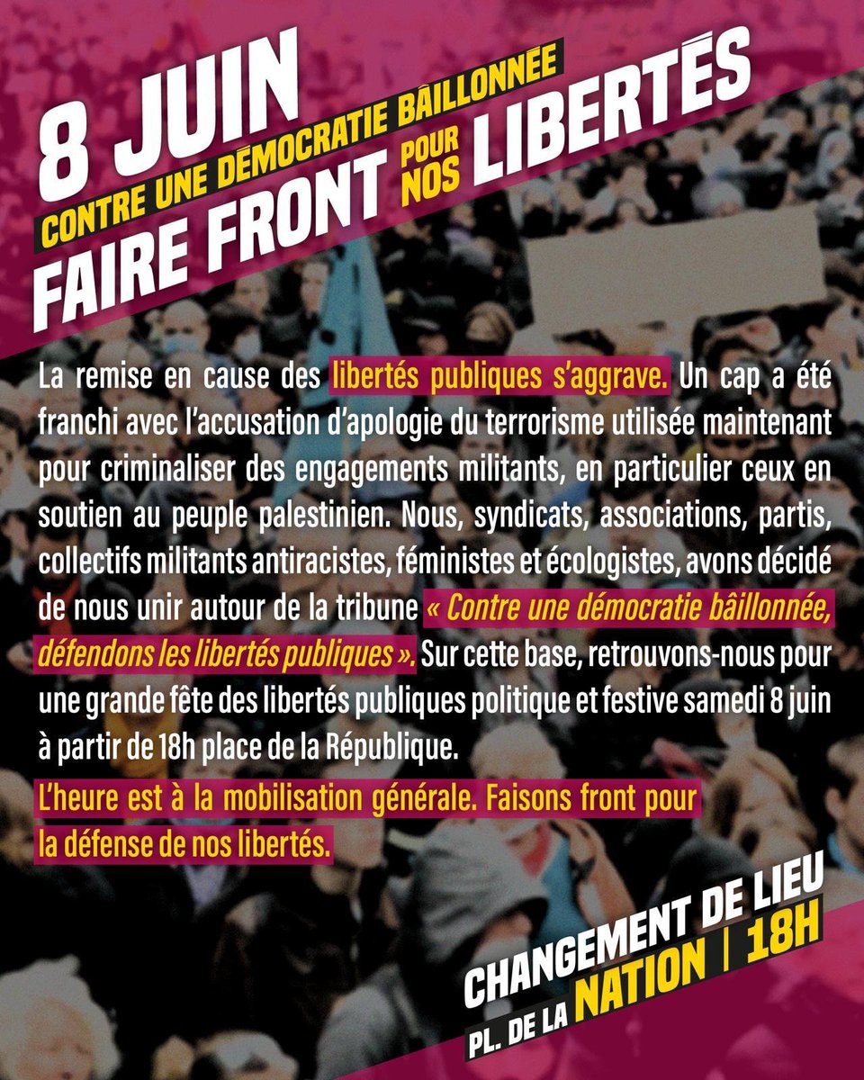 8 juin : contre une démocratie baillonnée, faire front pour nos libertés ! 
Meeting à 18h place de la Nation. 
solidaires.org/sinformer-et-a…